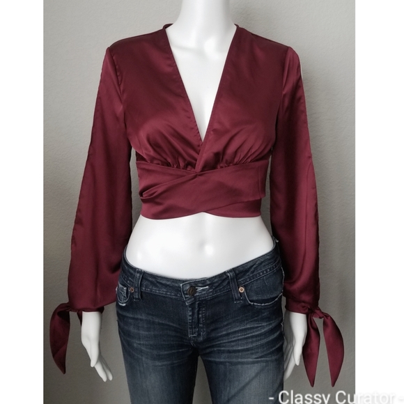 NWT Small LAST ONE wine bow wrap satin crop blouse - Picture 5 of 7